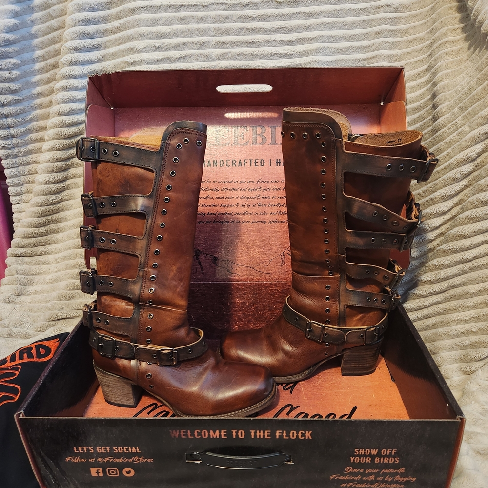 Freebird Brown Heeled Boots with Buckle Straps